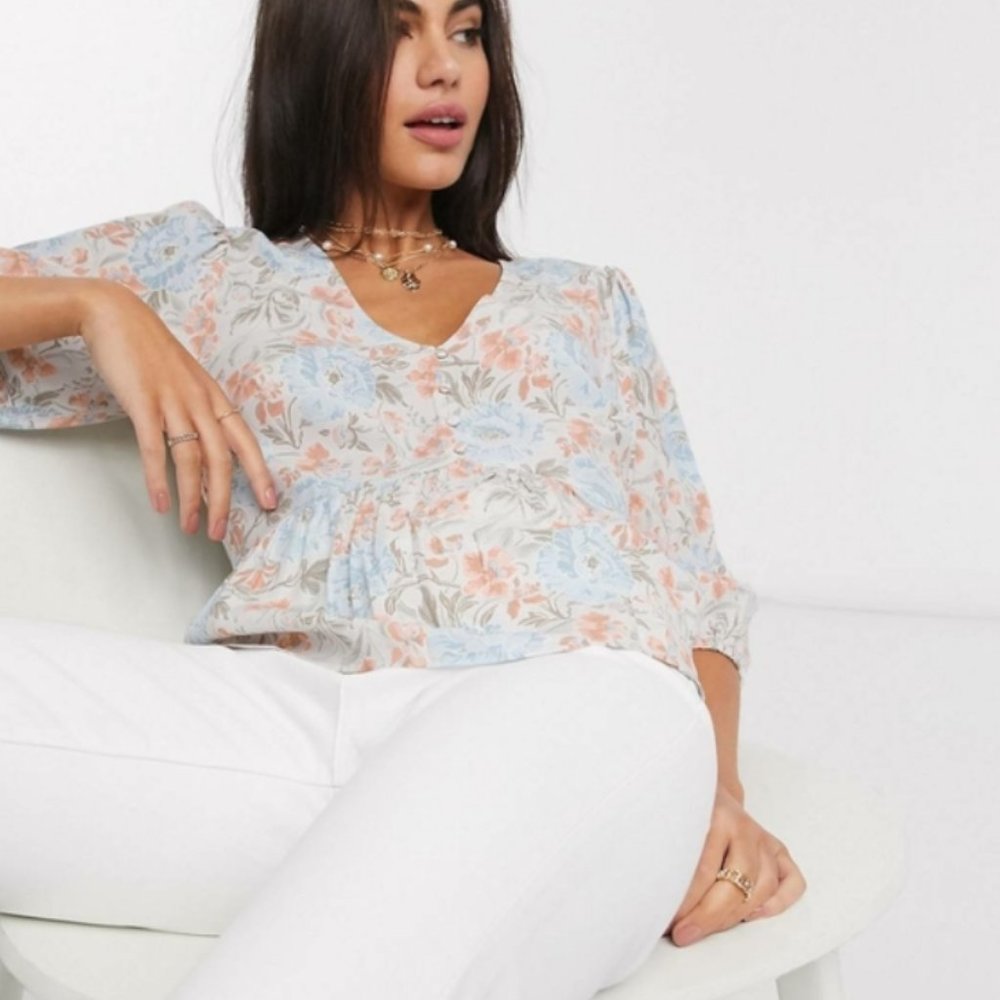 Warehouse Ornate Floral Print Button Front Blouse